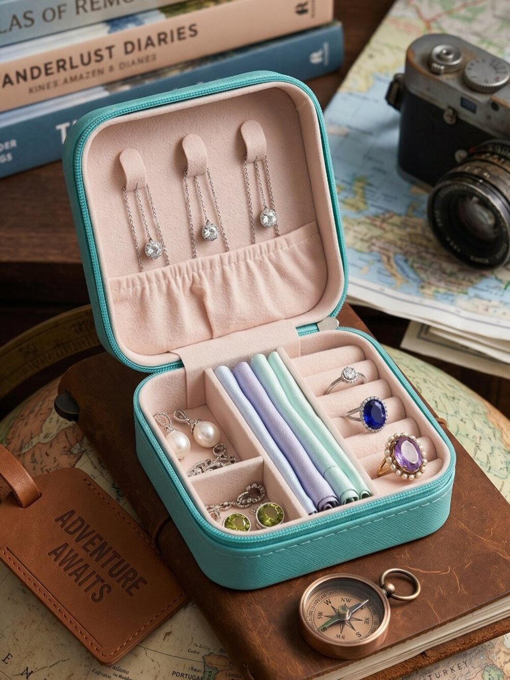 Travel Jewelry Case Organizer Teal PU Leather Zipper Rings Earrings Necklace